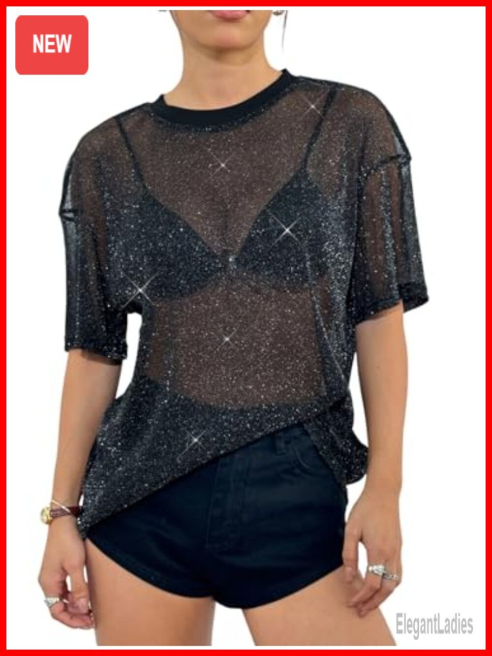 Women Sparkly Glitter Sheer Mesh Top Y2K Rave Concert Outfit